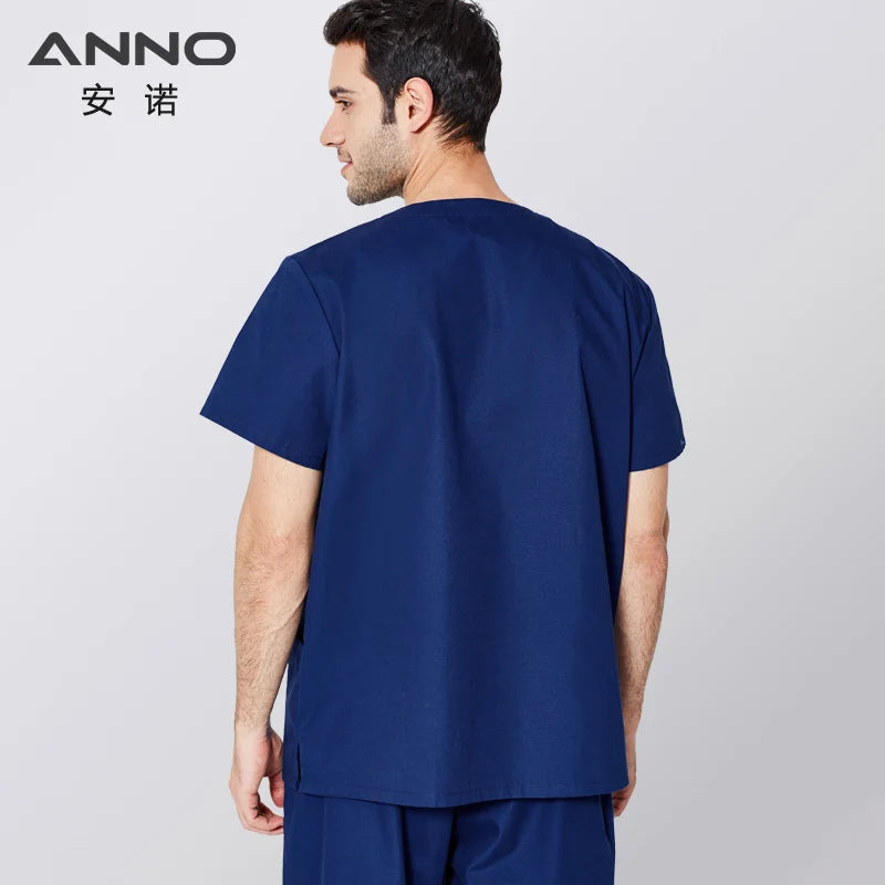ANNO Scrubs Set with Contrast Color Nursing Scrub Suit Women Men Nurse Uniform Blue Clothing Clinic Uniforms
