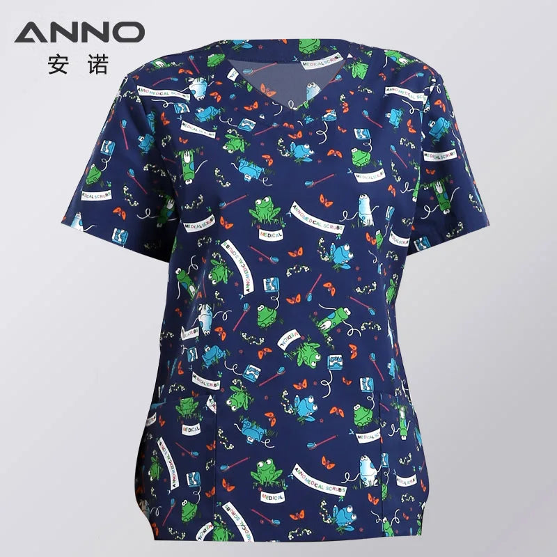 ANNO Hospital Staff Scrubs Top Medical Sanitary Nursing Uniform Dental Clinic Print Beauty Caregiver Coveralls