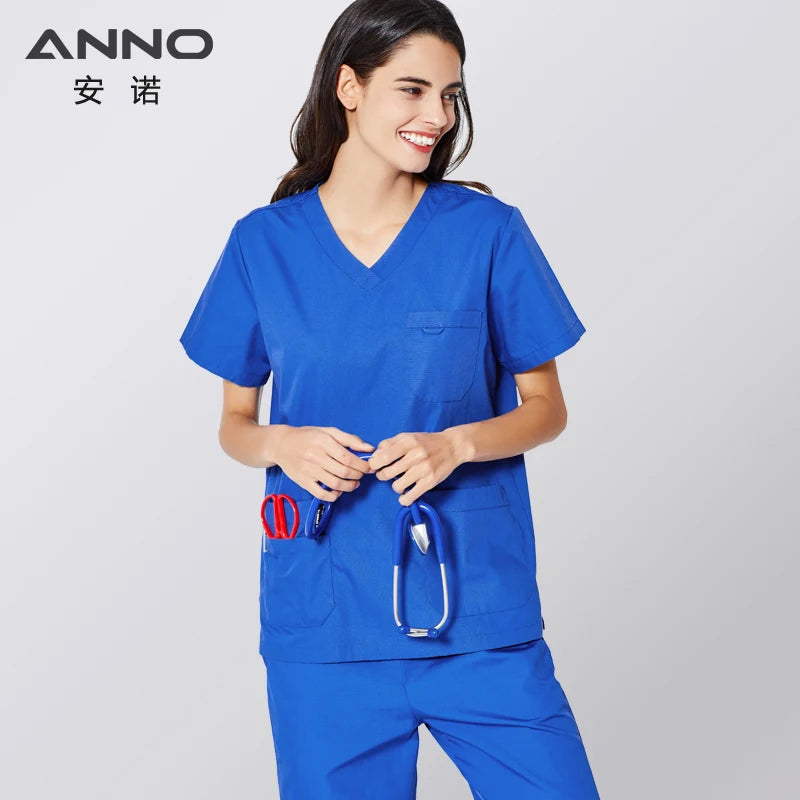 ANNO Scrubs Set with Short Sleeves Unisex Nursing Scrub Suit Women Men Nurse Uniform Clothing Clinic Uniforms Hospital Grown