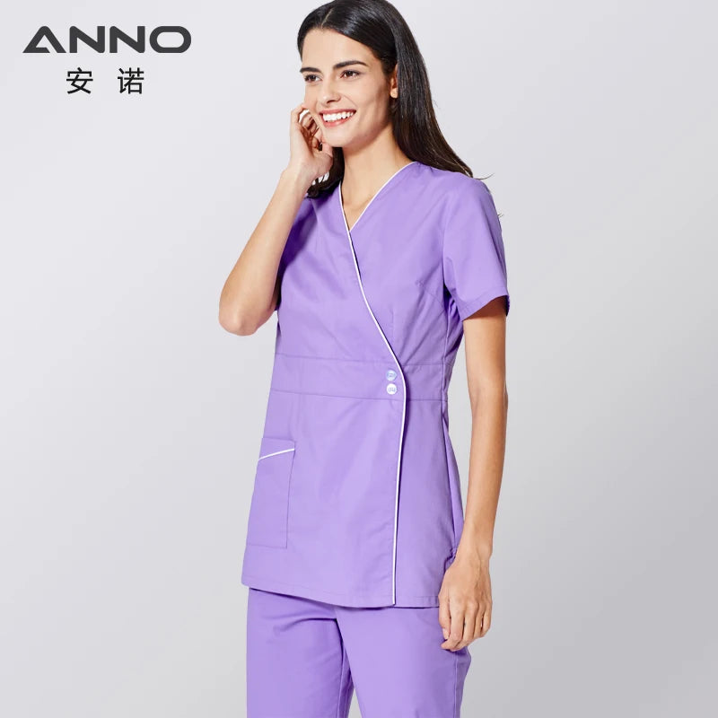 ANNO Scrubs Set Body Nurse Uniform For Women Clinical Clothing Shirt Pant Beauty Salon Wok Wear Nursing Gown
