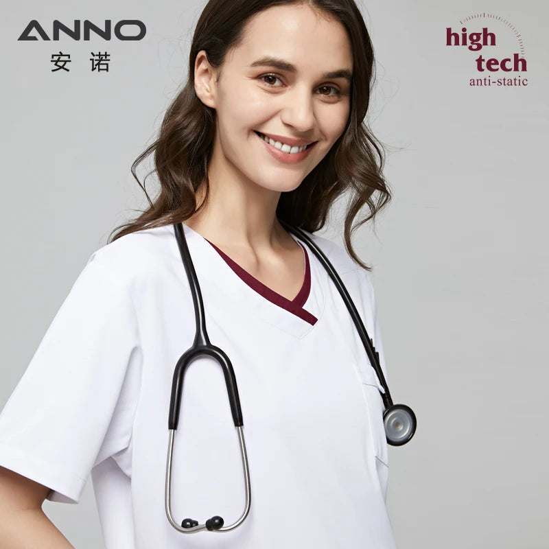ANNO White Scrubs Set Anti-Static Professional Medical Clothes Nurse Staff Uniforms with 1% Conductive Wire Hospital Work Suit