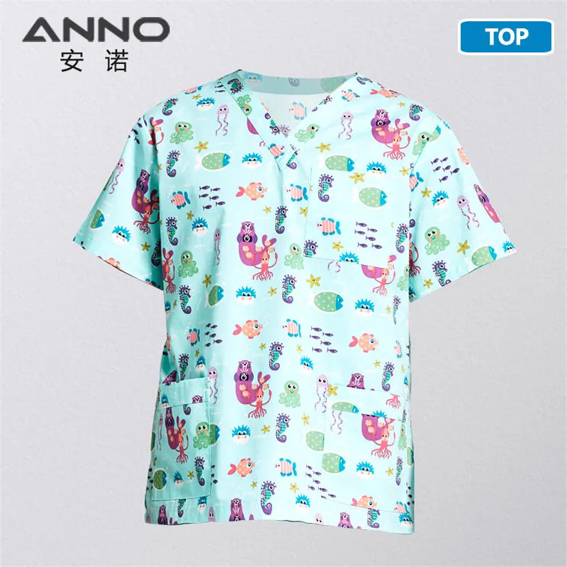 ANNO Hospital Staff Scrubs Top Medical Sanitary Nursing Uniform Dental Clinic Print Beauty Caregiver Coveralls