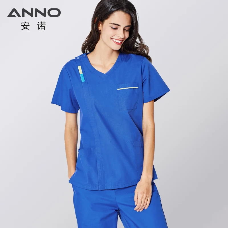 ANNO Scrubs Set with Contrast Color Nursing Scrub Suit Women Men Nurse Uniform Blue Clothing Clinic Uniforms