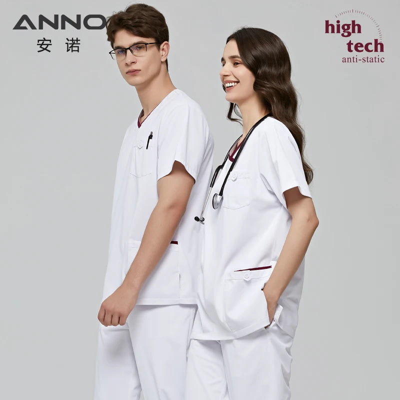 ANNO White Scrubs Set Anti-Static Professional Medical Clothes Nurse Staff Uniforms with 1% Conductive Wire Hospital Work Suit