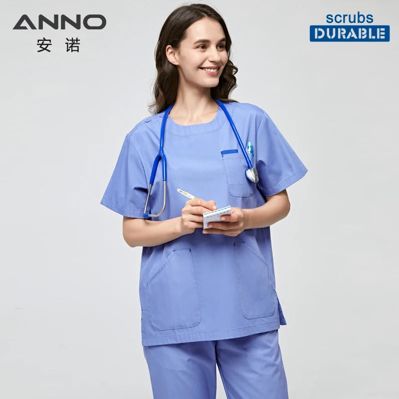 ANNO Blue Nurse Uniform Women Men Scrubs Suit Round Neck Dental Hospital Set Work Wear Short Sleeves Beauty Salon Clothing