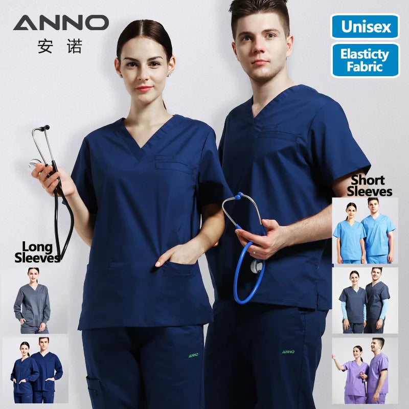 ANNO Elasticity Cotton Spandex Body Nurse Uniform For Women Men Scrubs Suit Dental Hospital Set Work Wear Beauty Salon Clothing
