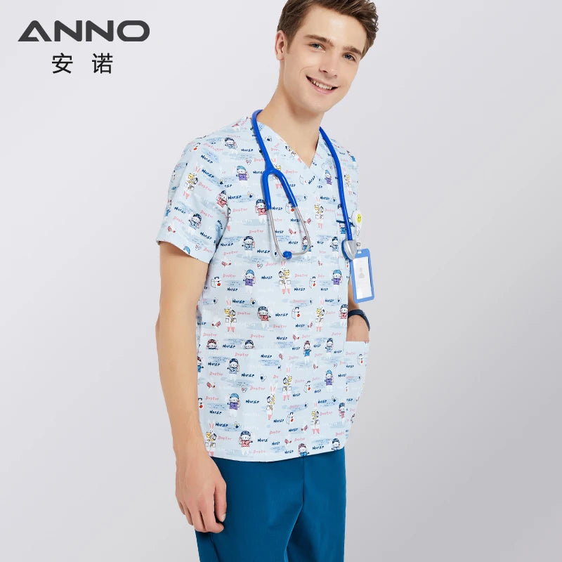 ANNO Hospital Medical Scrubs Set Nursing Uniform for Uisex Dental Clinic Nurse Scrubs SPA Uniforms with Short or Long Sleeves