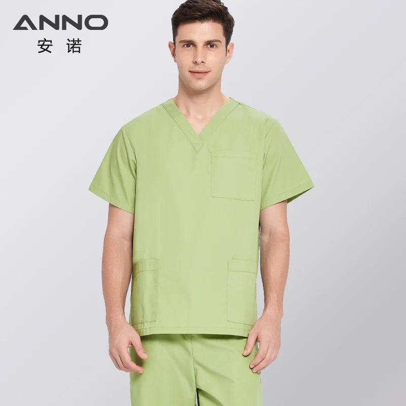 ANNO Solid Color Scrubs Set Work Cloths with Short/Long Sleeves Nursing Uniform Tops Trousers Nurse Suit Hospital Dress