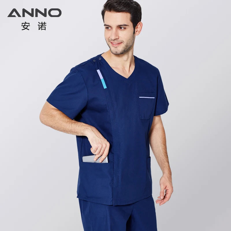 ANNO Scrubs Set with Contrast Color Nursing Scrub Suit Women Men Nurse Uniform Blue Clothing Clinic Uniforms