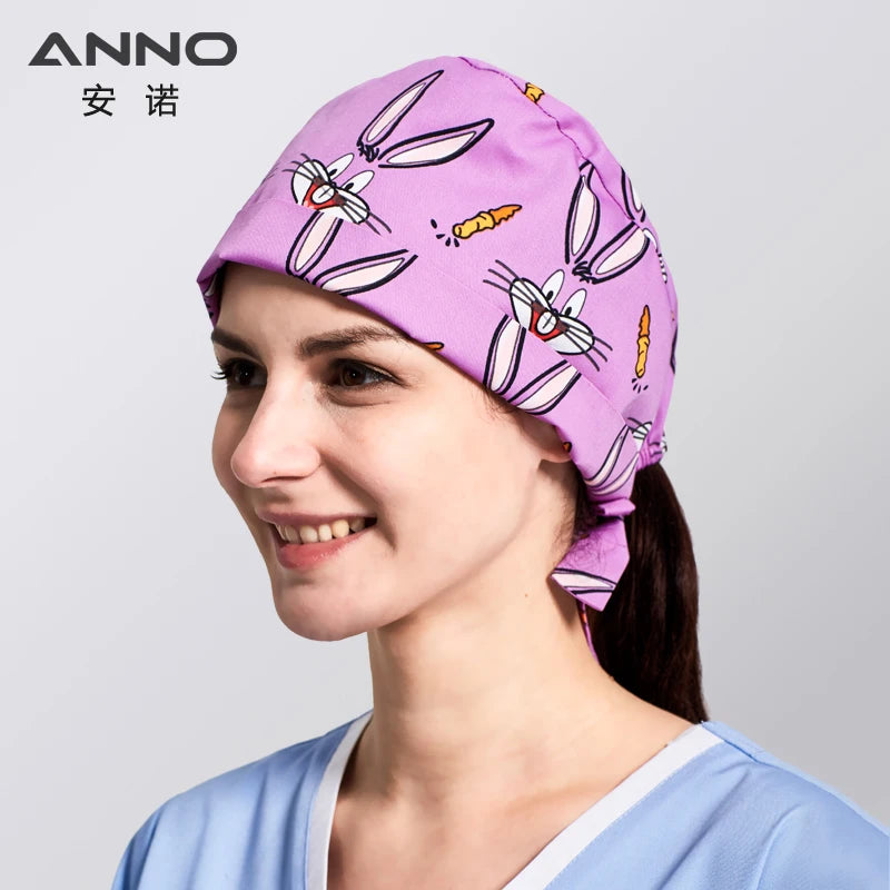 ANNO Cotton Scrub Caps Women Hospital Doctor Nurse Work Hats Nursing Cap Short or Long Hair Head Wear Animal Carton Print 01B-B35