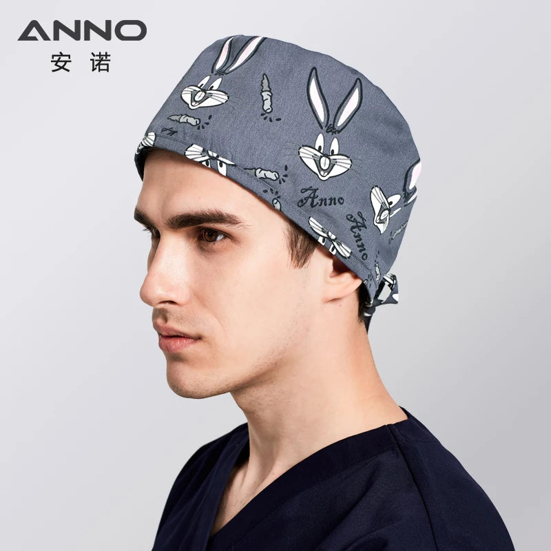 ANNO Disposable Cotton Caps Women Man Hat Clinic Hospital Doctor Nurse Work Hat Bouffant Printing Nursing Cap with Sweatband 01C-B34