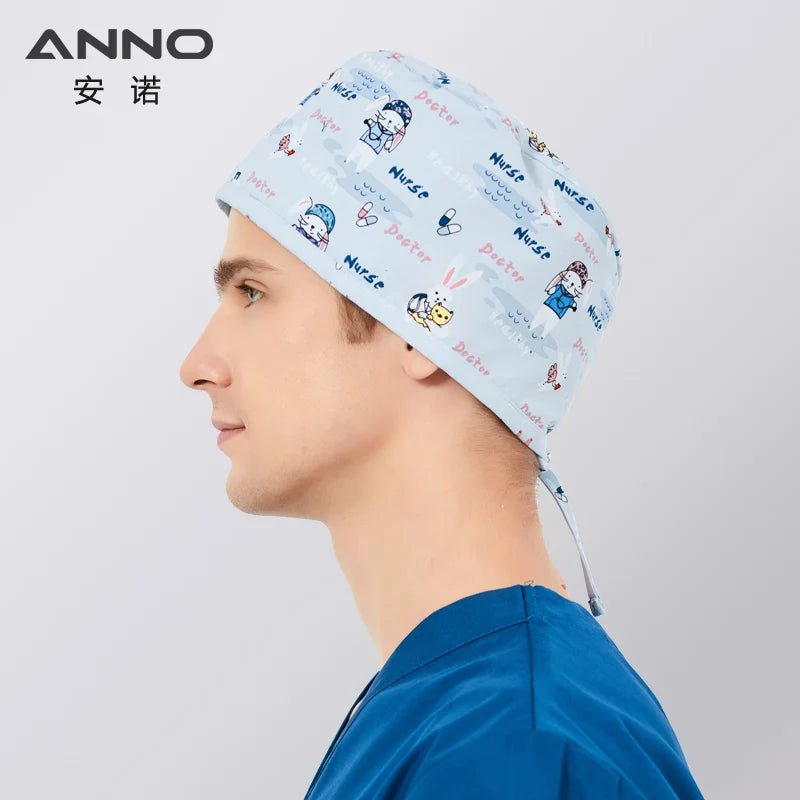 ANNO Disposable Cotton Caps Women Man Hat Clinic Hospital Doctor Nurse Work Hat Bouffant Printing Nursing Cap with Sweatband 01C-B101