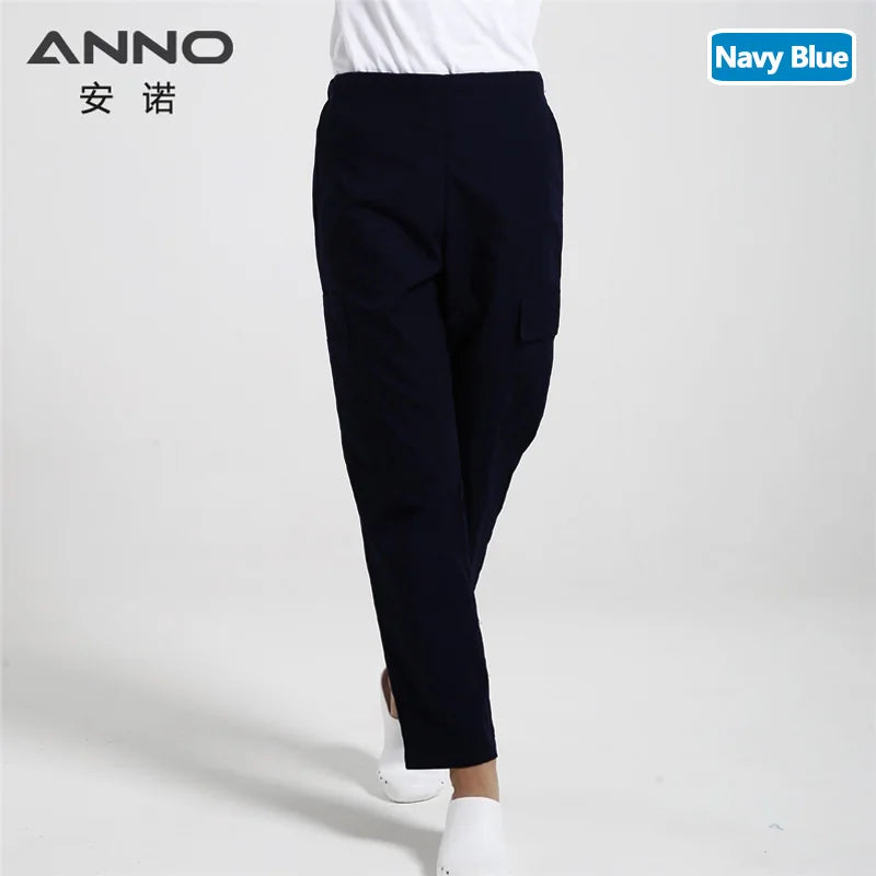 ANNO Multi function Nurse Uniform Bottoms Cotton More Pockets Work Trouser Dental SPA Nursing Scrub Pants A10-Dark Blue
