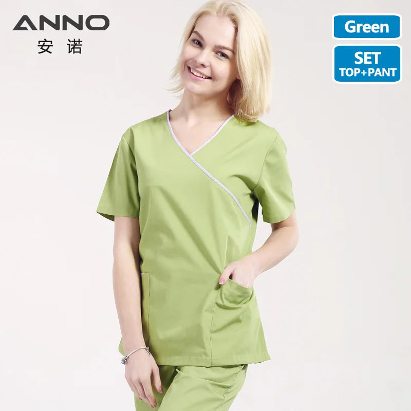 ANNO Adjustable Waist Nurse uniform Women Scrubs Set Nursing Form Dentistry Cloths Hospital Paramedic Clothes A02-Light Green-Set
