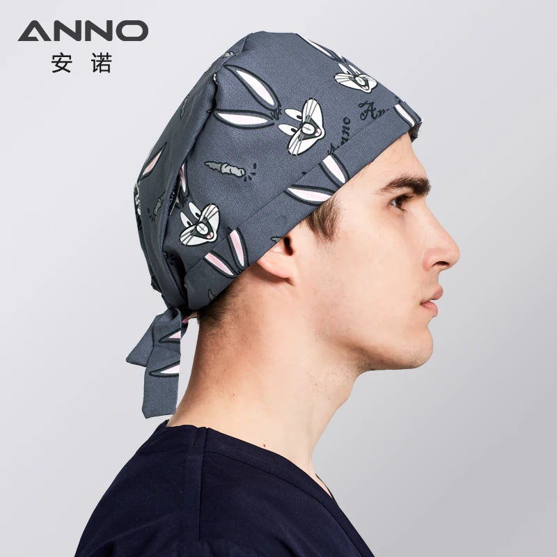 ANNO Cotton Scrub Caps Women Hospital Doctor Nurse Work Hats Nursing Cap Short or Long Hair Head Wear Animal Carton Print 01B-B34