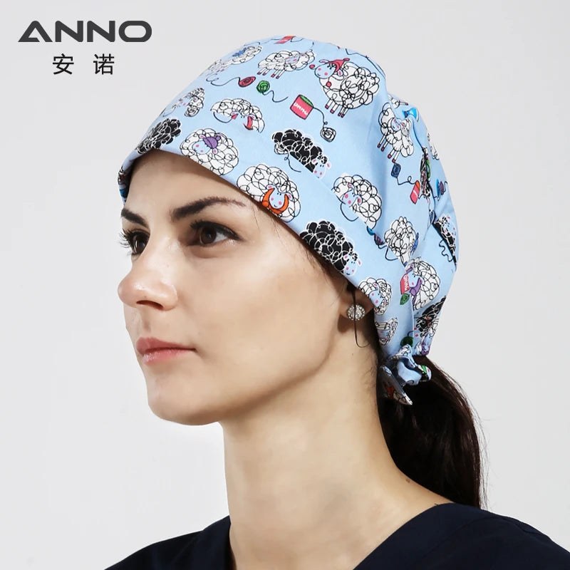 ANNO Cotton Scrub Caps Women Hospital Doctor Nurse Work Hats Nursing Cap Short or Long Hair Head Wear Animal Carton Print 01B-B28