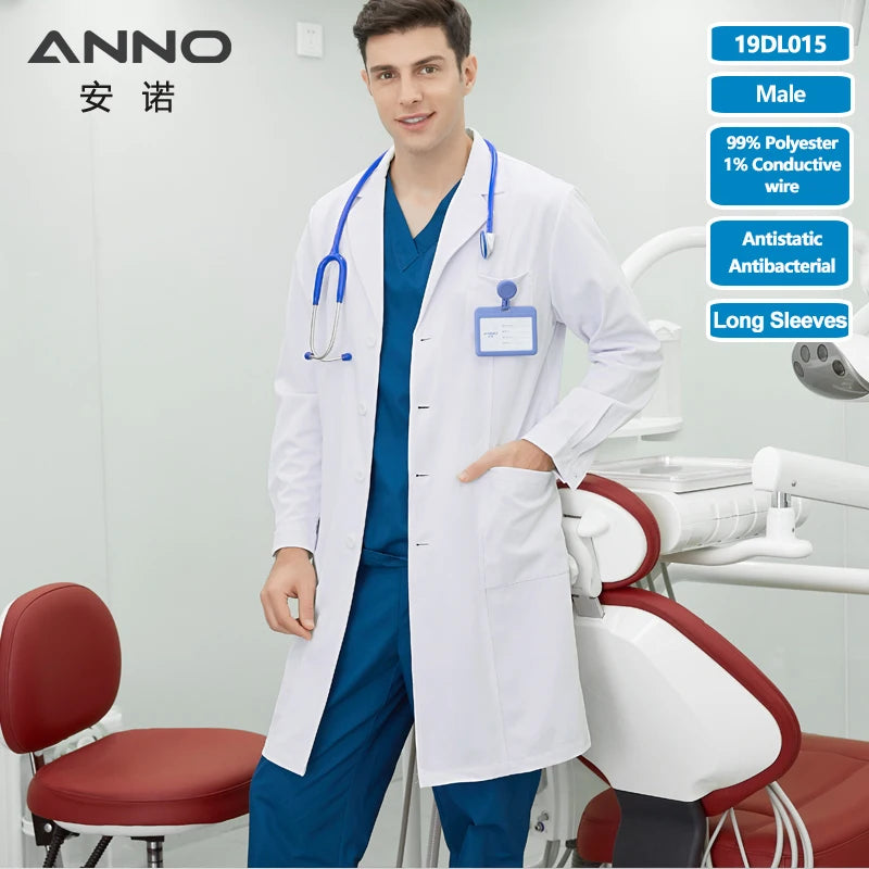 White Doctor Coats 99%Polyester 1%Conductive wire Antibacterial Anti-static Lab Uniforms Hospital Pharmacy Chemistry Gown 19DL015-Male