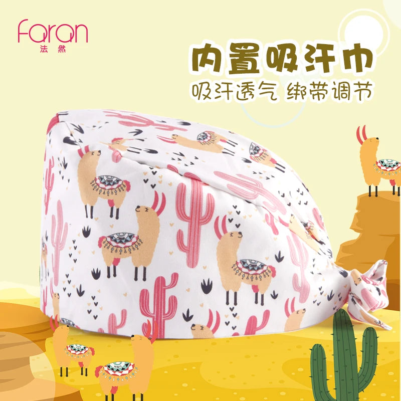 Faran Cotton Scrub Caps Women Men Dentist Hospital Doctor Work Surgical Hats Nursing Head Dress for Men Animal Carton Print FRH01-X045