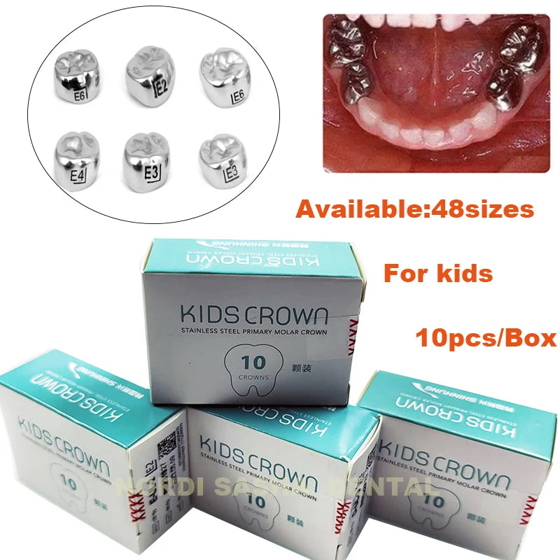 SHINHUNG Dental Crown Kids Primary Molar Refill Stainless Steel for Lower Left/Right 1st/2nd Crowns Molar Teeth 10Pcs/Box