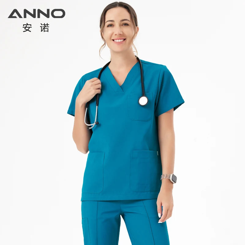 ANNO Cold Fabric Medical Scrubs Set Nursing Uniform Hospital Sanitary Nurse Suit Antibacteria Uniforms Antistatic Coveralls CP02-Set