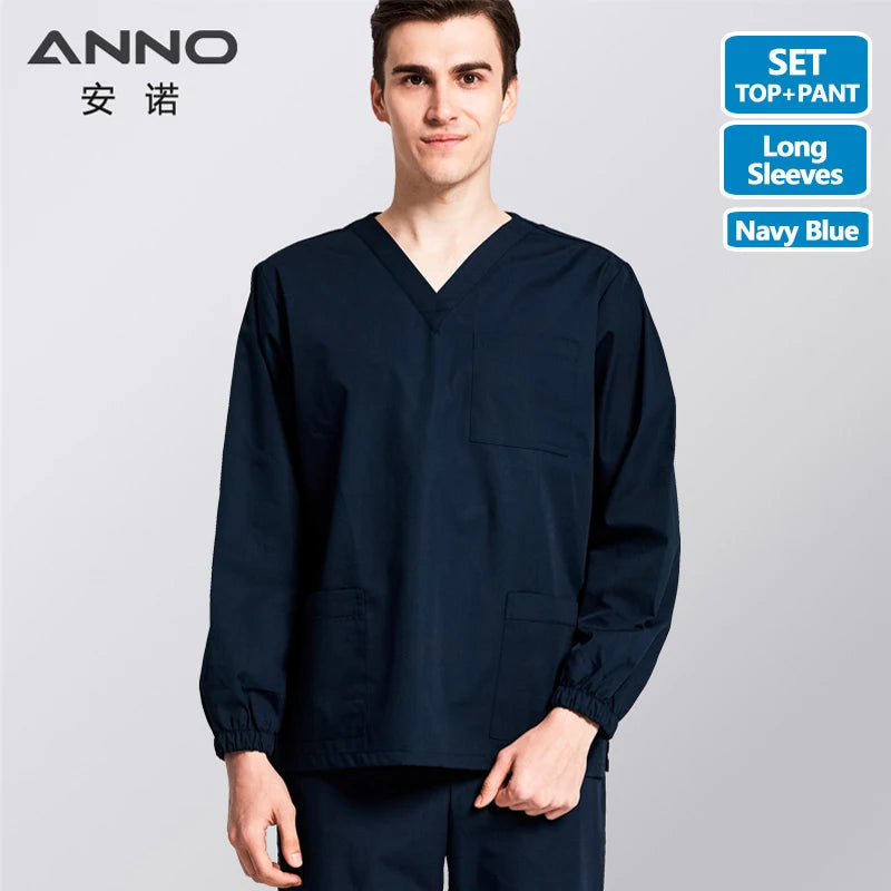 ANNO Solid Color Scrubs Set Work Cloths with Short/Long Sleeves Nursing Uniform Tops Trousers Nurse Suit Hospital Dress 09SS001-L-HeiLan-Set