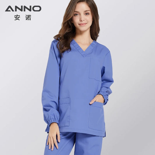 ANNO Solid Color Scrubs Set Work Cloths with Short/Long Sleeves Nursing Uniform Tops Trousers Nurse Suit Hospital Dress 09SS001-L-KaoLan-Set