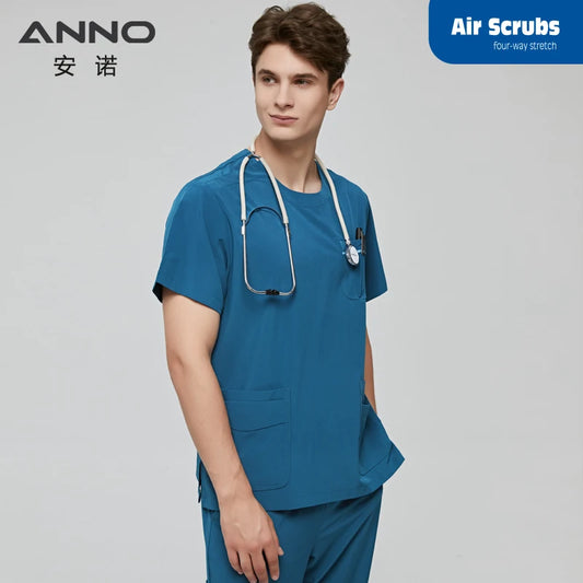 ANNO Scrubs Set with Spandex Hospital Work Nursing Uniform Quality Stretch Fabric surgical Suit Unisex Nurse Dental Clothing QinLan-Set