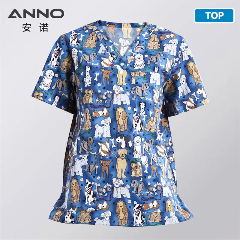 ANNO Hospital Staff Scrubs Top Medical Sanitary Nursing Uniform Dental Clinic Print Beauty Caregiver Coveralls B04