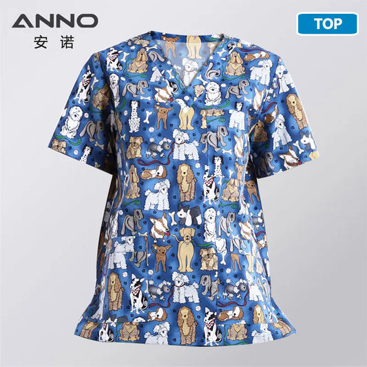 ANNO Hospital Staff Scrubs Top Medical Sanitary Nursing Uniform Dental Clinic Print Beauty Caregiver Coveralls B04