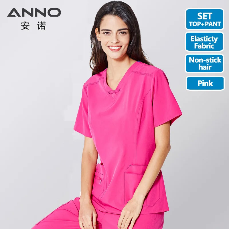 ANNO Non-stick Hair Scrubs Set Elasticity Nurse Uniform Slim fit Nursing Dress Pet Hospital Staff Cloths Veterinary Work Wear K01-Pink-Set