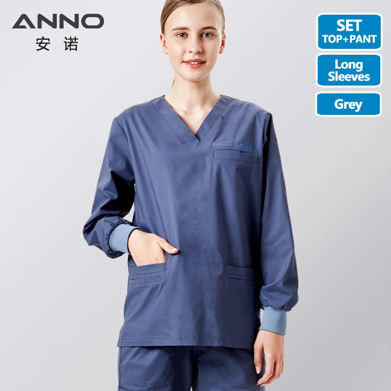 ANNO Elasticity Cotton Spandex Body Nurse Uniform For Women Men Scrubs Suit Dental Hospital Set Work Wear Beauty Salon Clothing HuiSe-Long