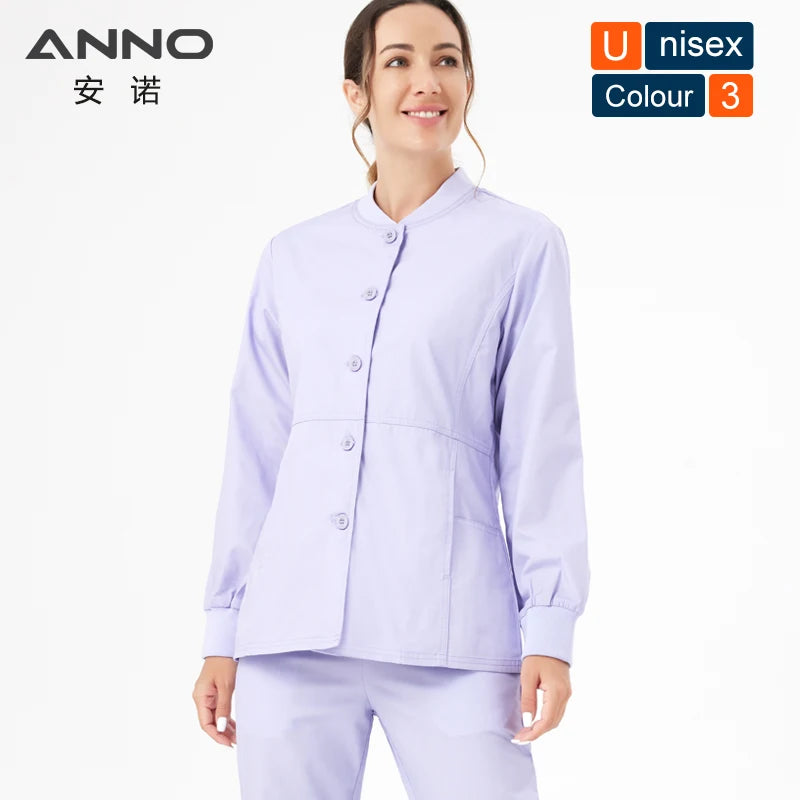 ANNO Long Sleeves Scrubs Jacket Outfit Nurse Unifrom Out Coat Doctor Shirt Out Wear Women Men Nursing Top Hospital Clothing