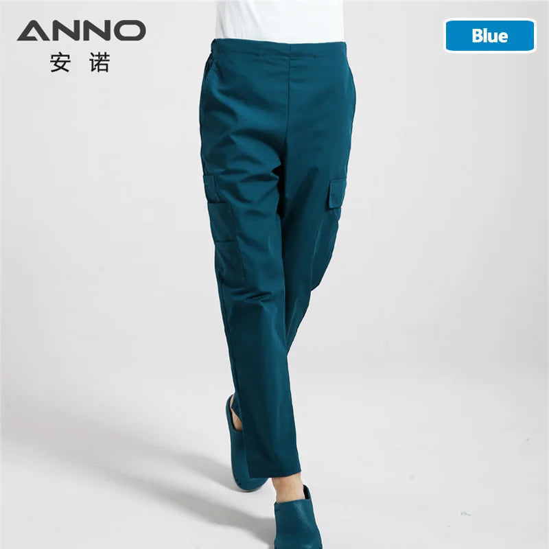 ANNO Multi function Nurse Uniform Bottoms Cotton More Pockets Work Trouser Dental SPA Nursing Scrub Pants A11-Lake Blue