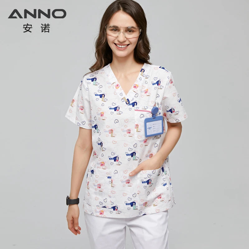 ANNO Hospital Medical Scrubs Set Nursing Uniform for Uisex Dental Clinic Nurse Scrubs SPA Uniforms with Short or Long Sleeves
