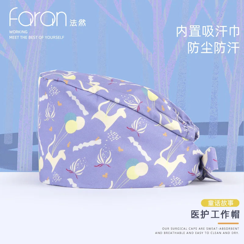 Faran Cotton Scrub Caps Women Men Dentist Hospital Doctor Work Surgical Hats Nursing Head Dress for Men Animal Carton Print FRH01-X084
