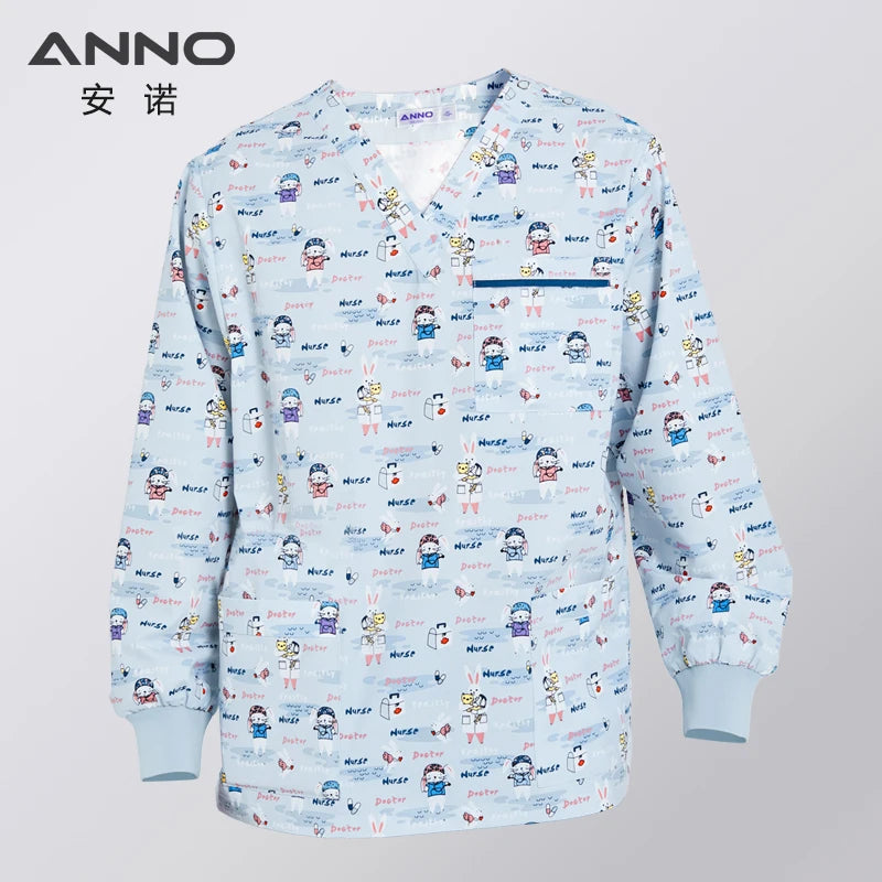 ANNO Hospital Medical Scrubs Set Nursing Uniform for Uisex Dental Clinic Nurse Scrubs SPA Uniforms with Short or Long Sleeves XiaoTuYiS-Top-Long