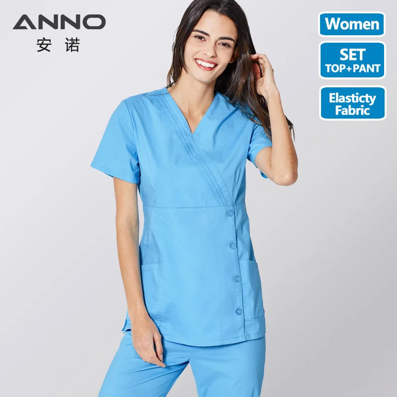 ANNO Nurse Suit Blue Medical Uniform Set With Spandex Stretchable Doctor Suit for Women Hospital Dental Cloths Surgical Dress T06-Sky Blue