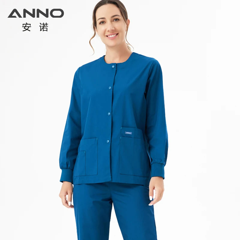 ANNO Long Sleeve Nurse Jacket Out Coat Doctor Shirt Women Men Nursing Uniform Top Hospital Clothing Work Wear HuLan-Out Coats