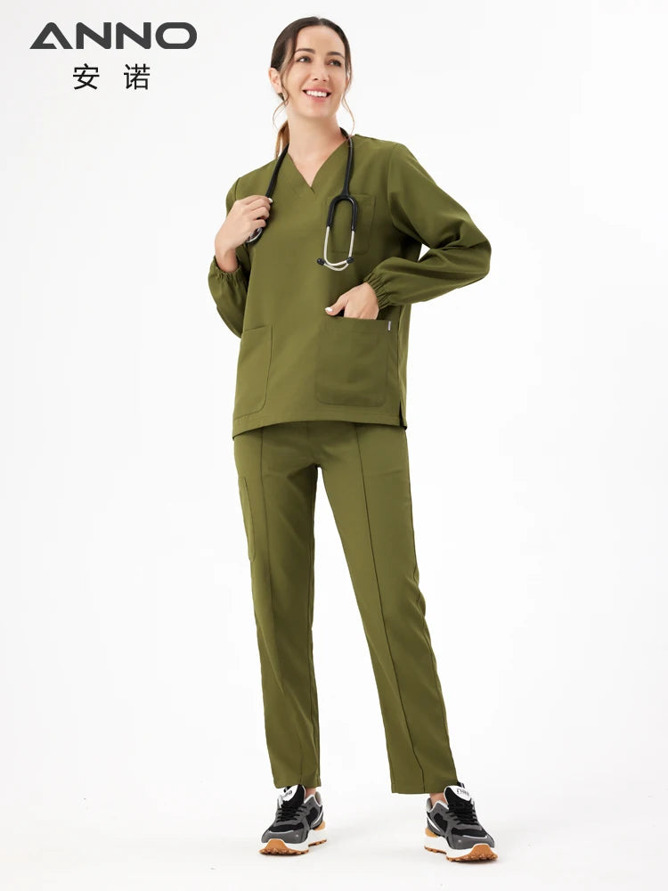 Unisex Medical Scrubs Set New Heat Preservation Thermostatic Fabric Nursing Robe Suit for Winter Paramedic Coveralls Uniforms Olive green-Long