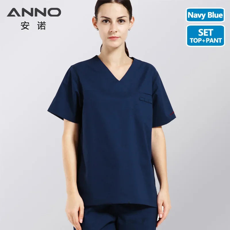 ANNO Cotton Scrubs Set Nursing Uniforms for Unisex Elastic Clothing Height Quality Nurse Uniform Hospital Staff Suit T02-Set