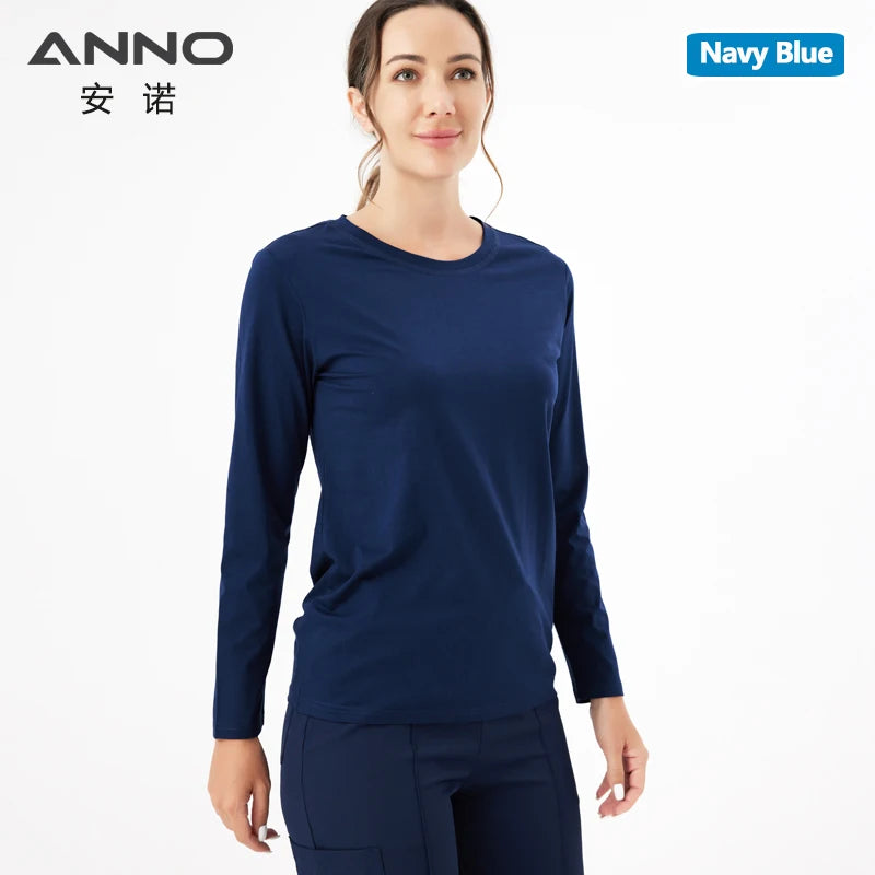 ANNO Keep Warm Under Shirt Long Sleeves Cotton Hospital Scrubs Accessories Equipment Unisex Body O Neck Inside Bottoming Cloths Navy Blue(ZangQing)