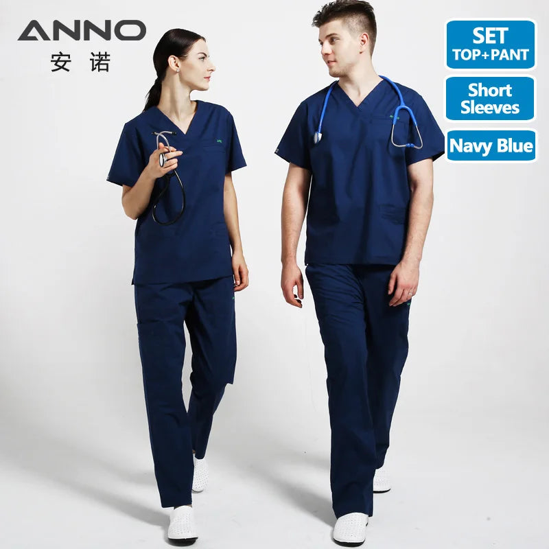 ANNO Elasticity Cotton Spandex Body Nurse Uniform For Women Men Scrubs Suit Dental Hospital Set Work Wear Beauty Salon Clothing ZangQing-Short