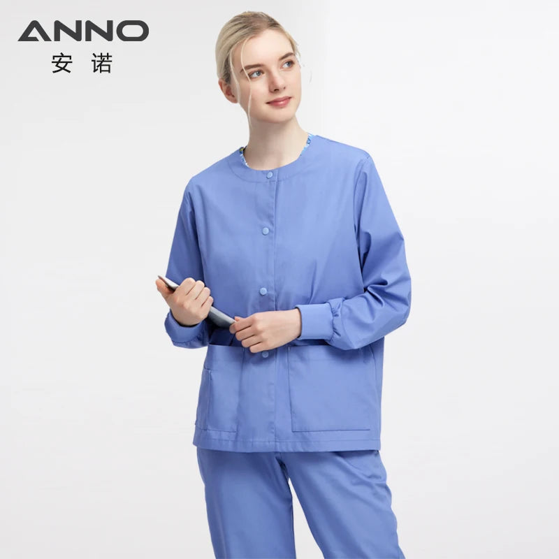 ANNO Long Sleeve Nurse Jacket Out Coat Doctor Shirt Women Men Nursing Uniform Top Hospital Clothing Work Wear KaoLan-Out Coats