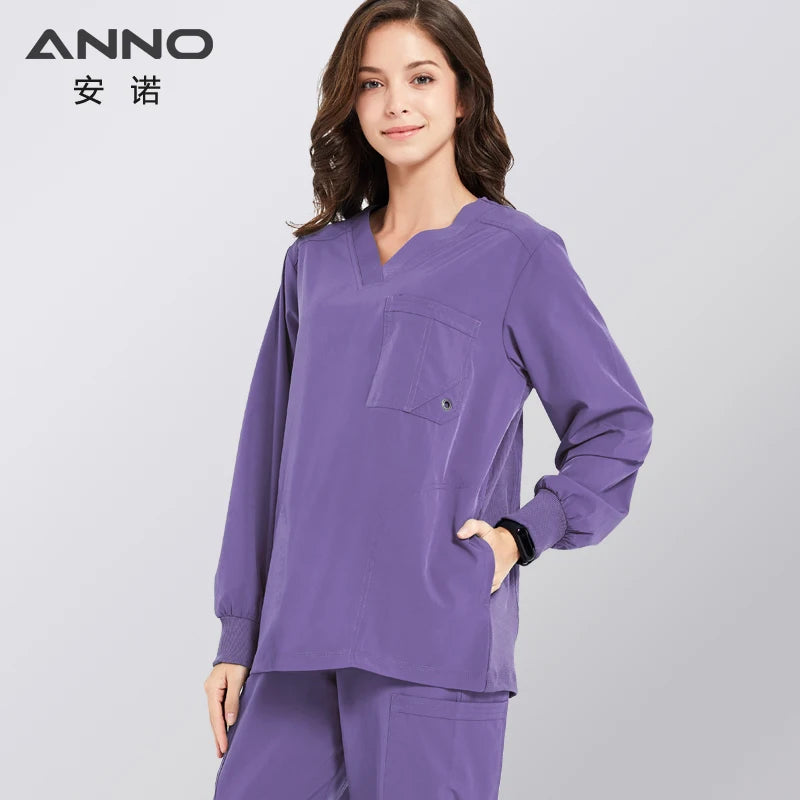 ANNO Nurse Uniform Non Stick Hair Fabric Pet Hospital Clothes Scrubs Set Work Doctor Suit Stretch Elasticity Cool Material PuTaoZi-Set-Long