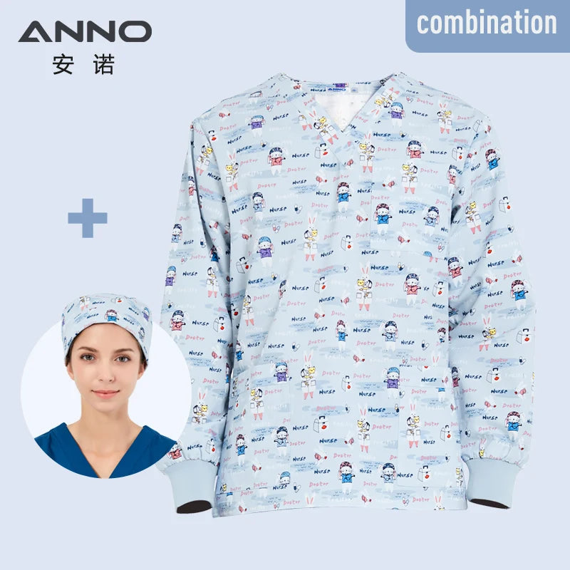 ANNO Hospital Autumn Winter Scrubs Tops Trousers Sets Optiona Long Sleeves Nursing Uniform Dental Clinic Supplies Nurse Clothing XiaoTuYiSheng-L-Top-1