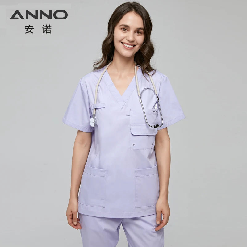ANNO Multiple Pockets Scrubs Set Work Uniform Hospital Classic Form Foctor Woman Man Nursing Wear Dental Clothing A01-Light Purple-Set