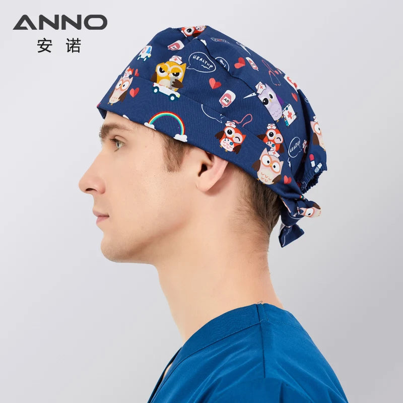 ANNO Cotton Scrub Caps Women Hospital Doctor Nurse Work Hats Nursing Cap Short or Long Hair Head Wear Animal Carton Print 01B-B103