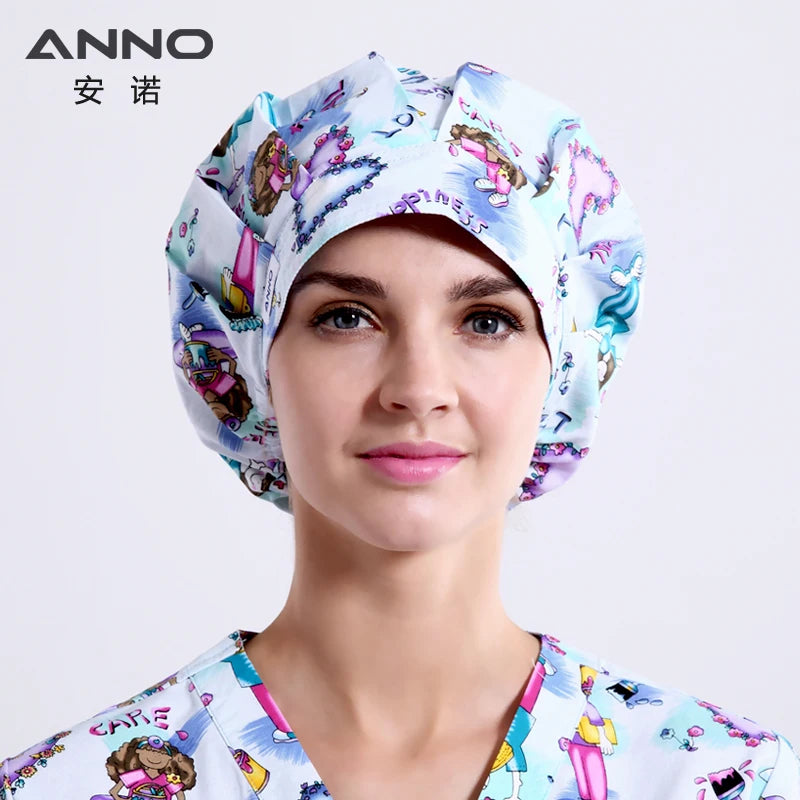 ANNO Cotton Caps Women Hospital Doctor Nurse Work Hats Bouffant Nursing Cap with Sweatband Long Hair Head Wear Chlorine Bleach 01A-B03
