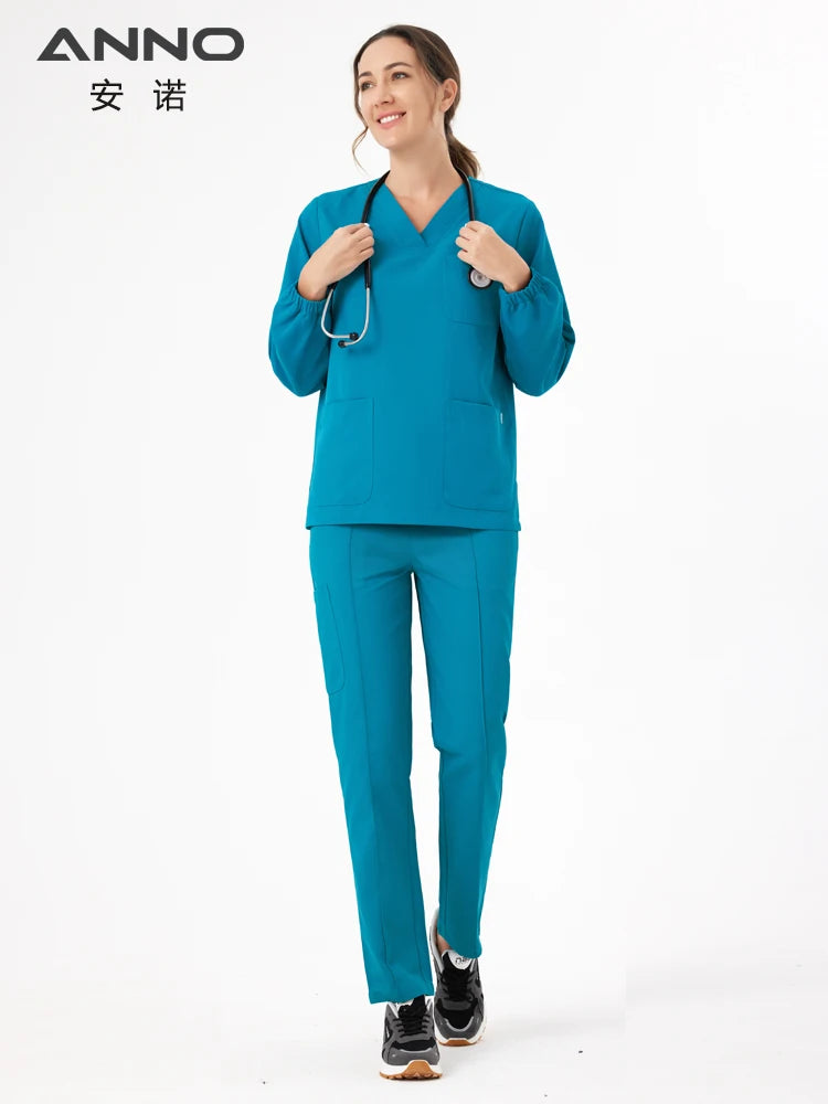 Unisex Medical Scrubs Set New Heat Preservation Thermostatic Fabric Nursing Robe Suit for Winter Paramedic Coveralls Uniforms Malachite Blue-Long