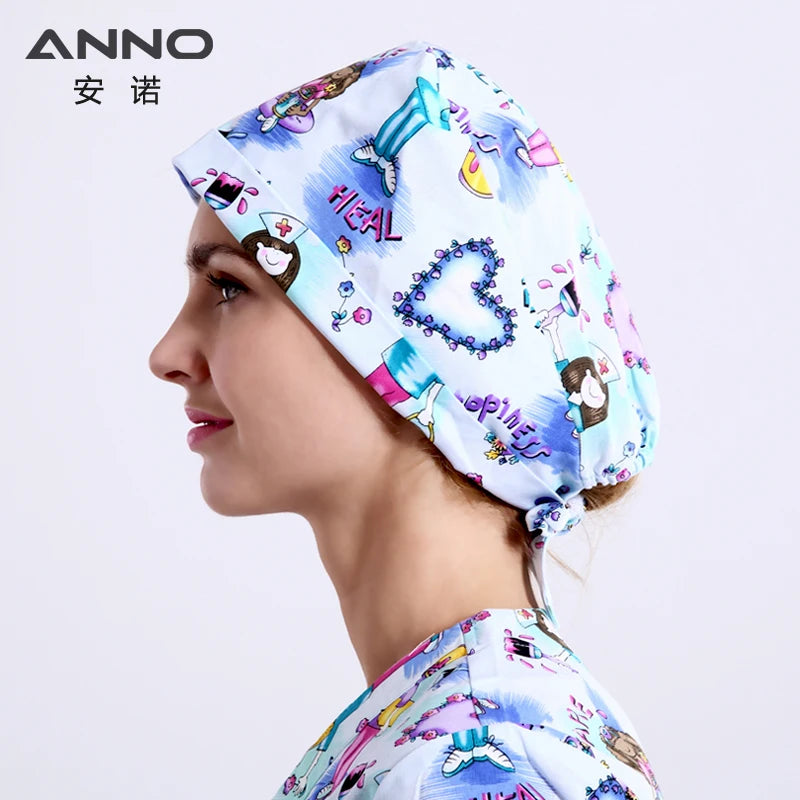 ANNO Cotton Scrub Caps Women Hospital Doctor Nurse Work Hats Nursing Cap Short or Long Hair Head Wear Animal Carton Print 01B-B03